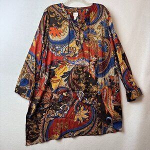 Chico's shirt Womens 3 (XL) asymmetrical layered satin brown blue floral peasant